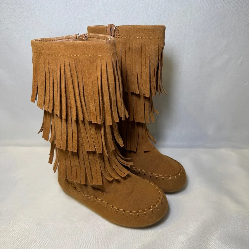 Link‎ Tan Suede Fringed Moccasin Boots Side Zip Boho Chick Little Girls Size 7